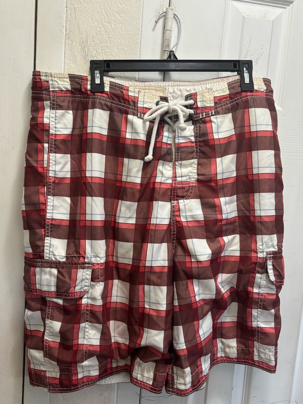 Hollister Men's Red Plaid Swim Board Shorts - Lightweight Quick-Dry